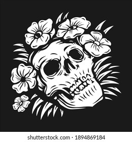 hand drawing skull surrounded by rose flower vector illustration