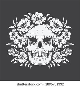 hand drawing skull surrounded by rose flower vector illustration