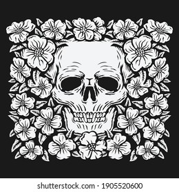 hand drawing skull surrounded by rose flower vector illustration