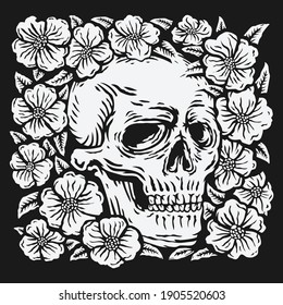 hand drawing skull surrounded by rose flower vector illustration