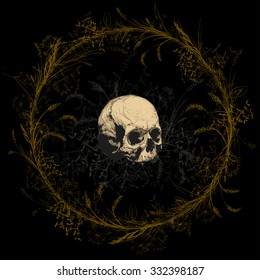 Hand drawing of a skull surrounded by a wreath on the field of grass.On a dark background.