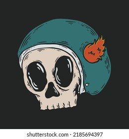 Hand drawing skull wearing motorcycle helmet.