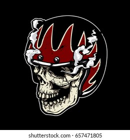 Hand drawing of skull wearing motorcycle helmet