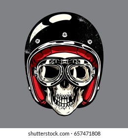 Hand drawing of skull wearing motorcycle helmet