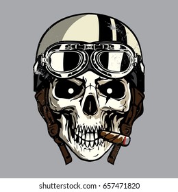 Hand drawing of skull wearing motorcycle helmet