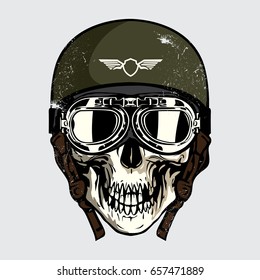 Hand drawing of skull wearing motorcycle helmet