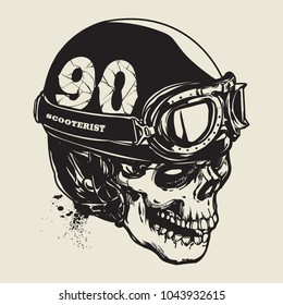 Hand drawing of skull wearing vintage motorcycle helmet