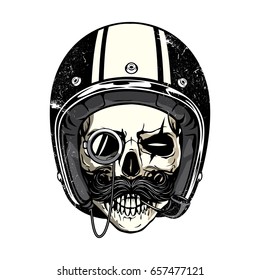 hand drawing of skull wearing vintage motorcycle helmet