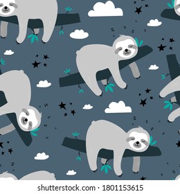 Hand drawing sloth seamless print design. Vector illustration design for fashion fabrics, textile graphics, prints.