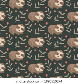 Hand drawing sloth seamless print design. Twigs and flowers texture. Vector illustration design for fashion fabrics, textile graphics, prints.