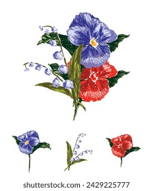 Hand drawing of small bouquet from red blue pansies and lily of the valley, vector illustration isolated on white