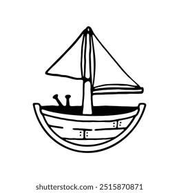hand drawing of a small sailboat with a single sail and wooden base.