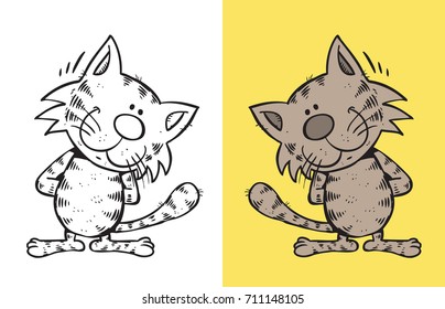 Hand drawing smiling cat illustration. All items are layered separately.