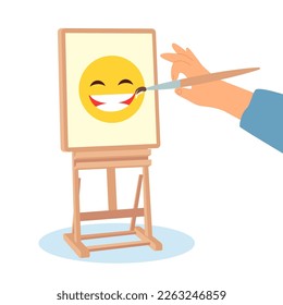 Hand drawing smiling face flat vector illustration. Artist painting happy emoticon on canvas isolated on white background. Art work in progress. Happiness, smile, optimism, hobby concept