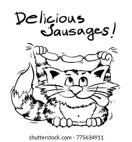 Hand drawing smiling happy cat with sausages. Line art for coloring book. Outline funny kitty cat  for kids design. Food and restaurant