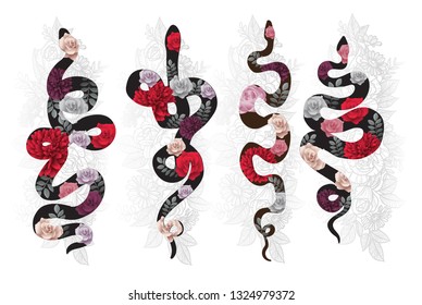 Hand Drawing Snake And Flower Sketch With Line Art Illustration Isolated On White Background.