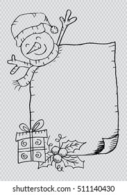 Hand drawing of Snowman with Christmas Gifts and Wishing List
