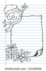 Hand drawing of Snowman with Christmas Gifts and Wishing List