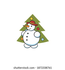 Hand drawing snowman with hat,carrot and christmas tree isolated on white background.New year,Mary Christmas illustration. Sticker, symbol for advent calendar.Stock illustration.