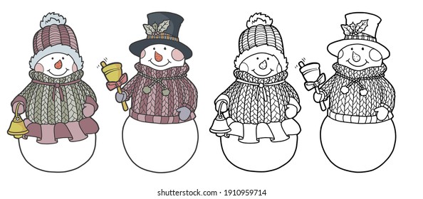 Hand drawing snowmen. Snowmen in sweaters and hats. A man and a woman with bells in their hands. Winter decor. New Year's and Christmas. Outline. Pastel shades. Coloring page. 