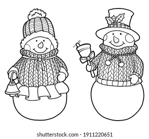 Hand drawing snowmen. Snowmen in sweaters and hats. A man and a woman with bells in their hands. Winter decor. New Year's and Christmas. Outline Coloring page. 