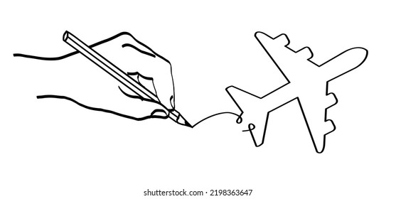 Hand drawing soaring air plane line path. Take Off airplane, flight route with start point. Vector sketch aircraft sign. Vacation, holliday. Draw travel pointer navigation. Tourism illustration. 