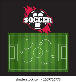 Hand drawing soccer game strategy. Blackboard showing a schematic game plan for football