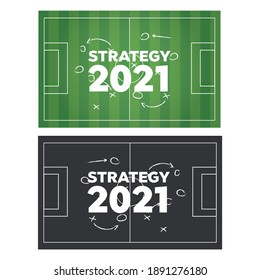 Hand drawing soccer game strategy. Blackboard showing a schematic game plan for football