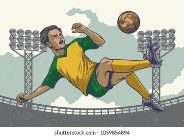 hand drawing soccer player jumping kick in retro style