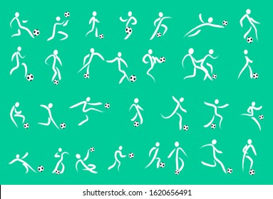 Hand drawing Soccer Players Kicking Ball and goalkeepers. Set Collection of different football poses. Linear Vector illustration