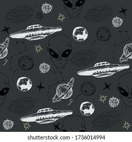 Hand drawing space elements seamless patterns. Space background. Illustration of a space guard. Vector illustration. Seamless pattern with cartoon space elements, planets, stars, UFO, spaceship.