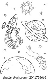 Hand Drawing Space Illustration Vector.  Sun, Planet, Comet, Rocket, Star.