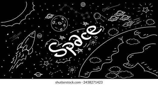 Hand drawing space illustration vector. Collection of sketchy space objects. Space ships, rockets, space shuttle, planets, flying saucers, stars, moon.