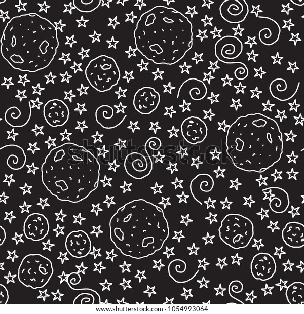 Hand\
drawing space from space with planets and stars. Seamless pattern.\
Vector illustration isolated on a dark\
background.