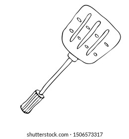 Hand drawing spatula for a frying pan. Outline sketch of turner for cook food. Kitchen accessories. Tools for cooking. Isolated on white background. Vector illustration