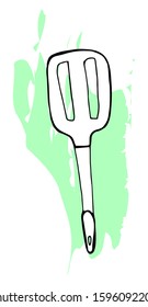 Hand drawing spatula for a frying pan. Outline sketch of turner for cook food. Kitchen accessories. Tools for cooking. Isolated on white background. Vector illustration