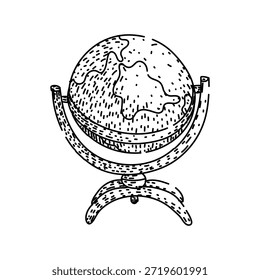 Dibujo a mano de un globo terráqueo giratorio con continentes en un soporte, que simboliza los viajes globales, la educación, el descubrimiento y los conceptos de comunicación internacional