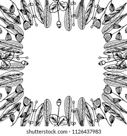 Hand drawing square frame, floral ornament, leaves, flowers, branches, black and white graphics, vector illustration