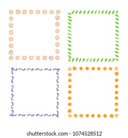 Hand drawing square funny frames. Set of colorful rectangular ornate design element chalk or pencil like kid`s drawn doodle style. Vector art stroke line banner border, template, copy space background