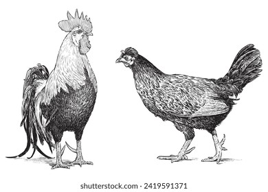 Hand drawing of standing big domestic cock and walking hen, farm birds, vector illustration isolated on white