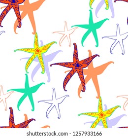 Hand drawing starfish seamless pattern, sea wallpaper, background, vector illustration. 
