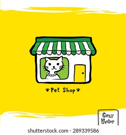 Hand drawing store and cat logo vector 