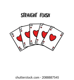 Hand drawing a straight flush poker hand. A gambling game of cards. Queen, jack, ten, nine, eight.