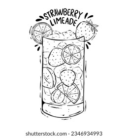 Hand drawing Strawberry Limeade. Fresh summer drink with sketch style