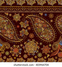 Hand drawing striped wallpaper. Paisley vintage floral motif ethnic seamless background. Printable colors abstract lace pattern. Editable colors without losing seamlessly.  EPS-8 vector buta texture