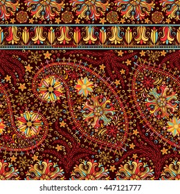 Hand drawing striped wallpaper. Paisley vintage floral motif ethnic seamless background. Printable colors abstract lace pattern. Editable colors without losing seamlessly.  EPS-8 vector buta texture