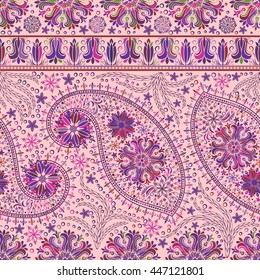 Hand drawing striped wallpaper. Paisley vintage floral motif ethnic seamless background. Printable colors abstract lace pattern. Editable colors without losing seamlessly.  EPS-8 vector buta texture
