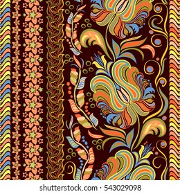 Hand drawing striped wallpaper. Paisley vintage floral motif ethnic seamless background. Printable colors abstract lace pattern. Editable colors without losing seamlessly.  EPS-8 vector buta texture