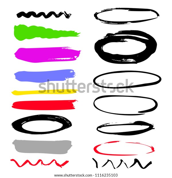 Hand\
drawing strokes, circles, dividers. Markers highlight color\
stripes. Multicolored stripes. Doodle style\
brushes.