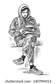 Hand drawing of a student reading a book on a park bench
